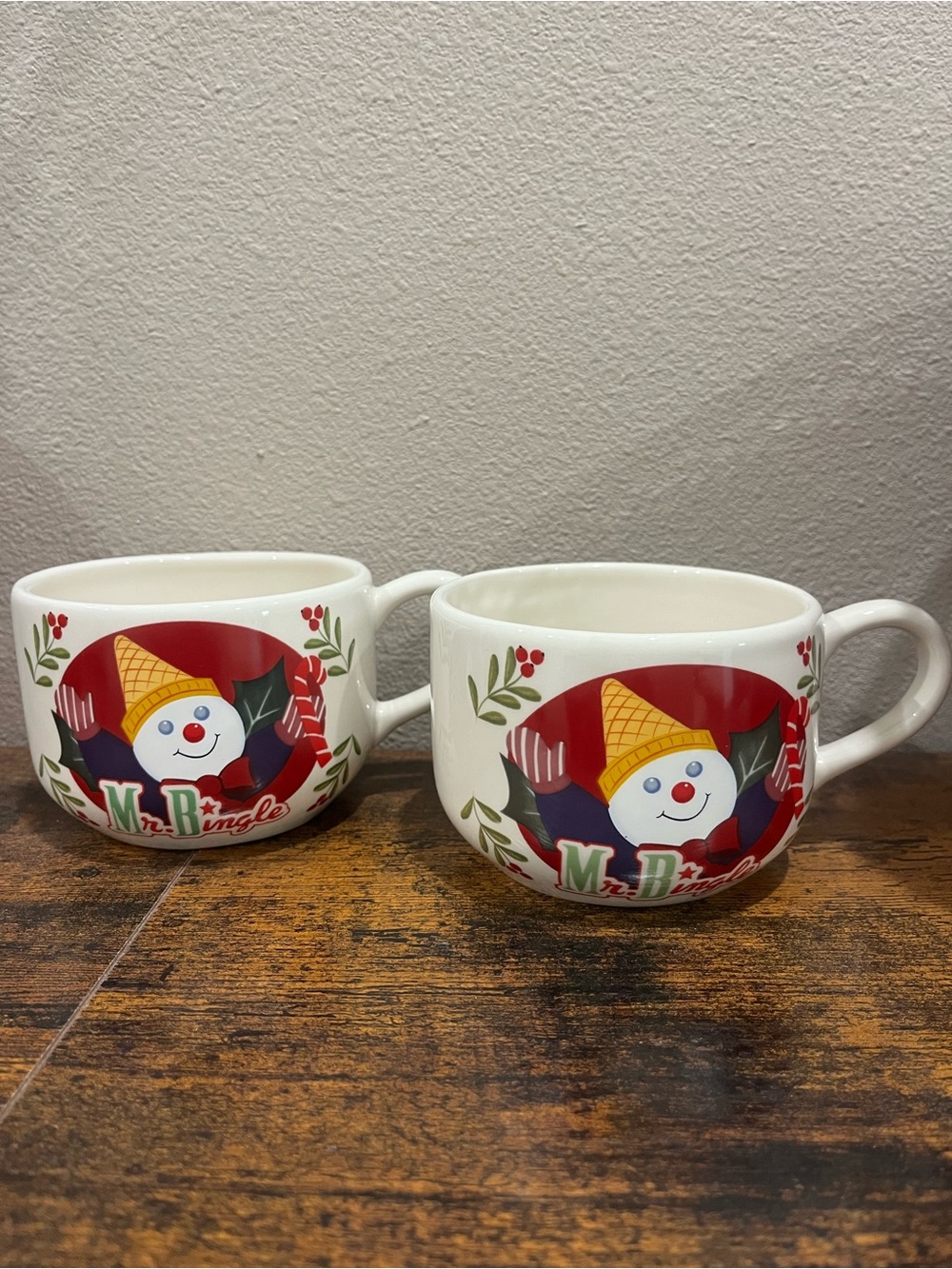 Noble Excellence Mr.Bingle Festive Snowman Ironstone JUMBO Mugs - Set of 2 RARE